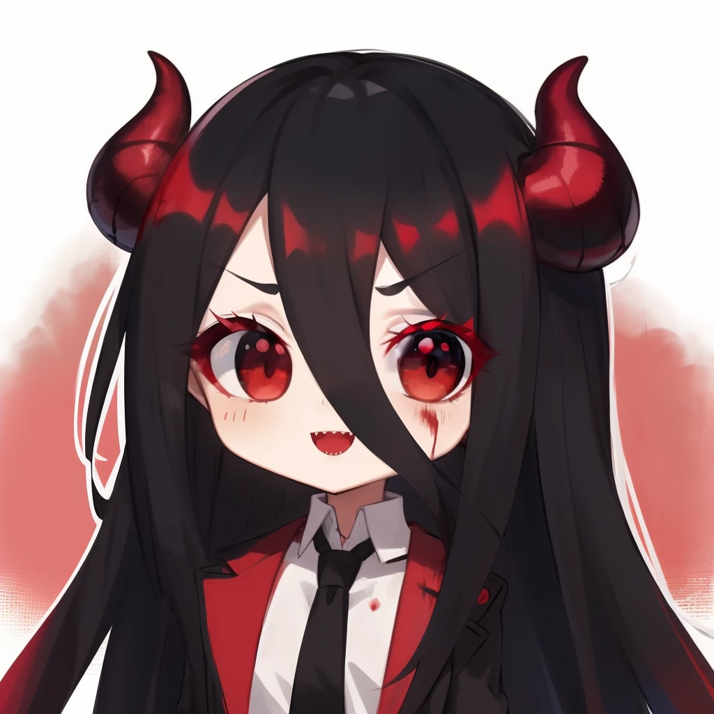 BoBa ((melhor qualidade)), ((obra-prima)), (detalhado) 1menina, black_jacket, black_necktie, sangue, blood_on_clothes, blood_on_face, blood_on_hands, blood_splatter, demon_girl, demon_horns, presas, formal, gradiente, gradient_background, grey_background, hair_between_eyes, capuz, chifres, jaqueta, long_hair, looking_at_viewer, gravata, power_\(chainsaw_man\), red_eyes, red_horns, sharp_teeth, camisa, sorriso, solo, terno, dentes, upper_body, white_shirt