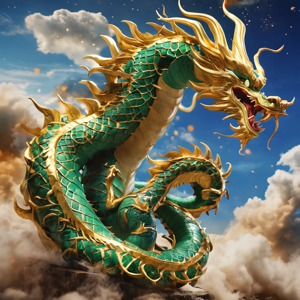"I'm interested to see a hyper-realistic interpretation of Shenlong, the magical dragon of the Dragon Balls from Dragon Ball. Capturar cada escama, The sparkle in his eyes and the imposing sensation he emanates is crucial. Coloque Shenlong em um ambiente celestial, pairando sobre nuvens e estrelas, pronto para conceder um desejo a qualquer momento. A luz suave das estrelas deve iluminar sua figura majestosa, highlighting every detail."