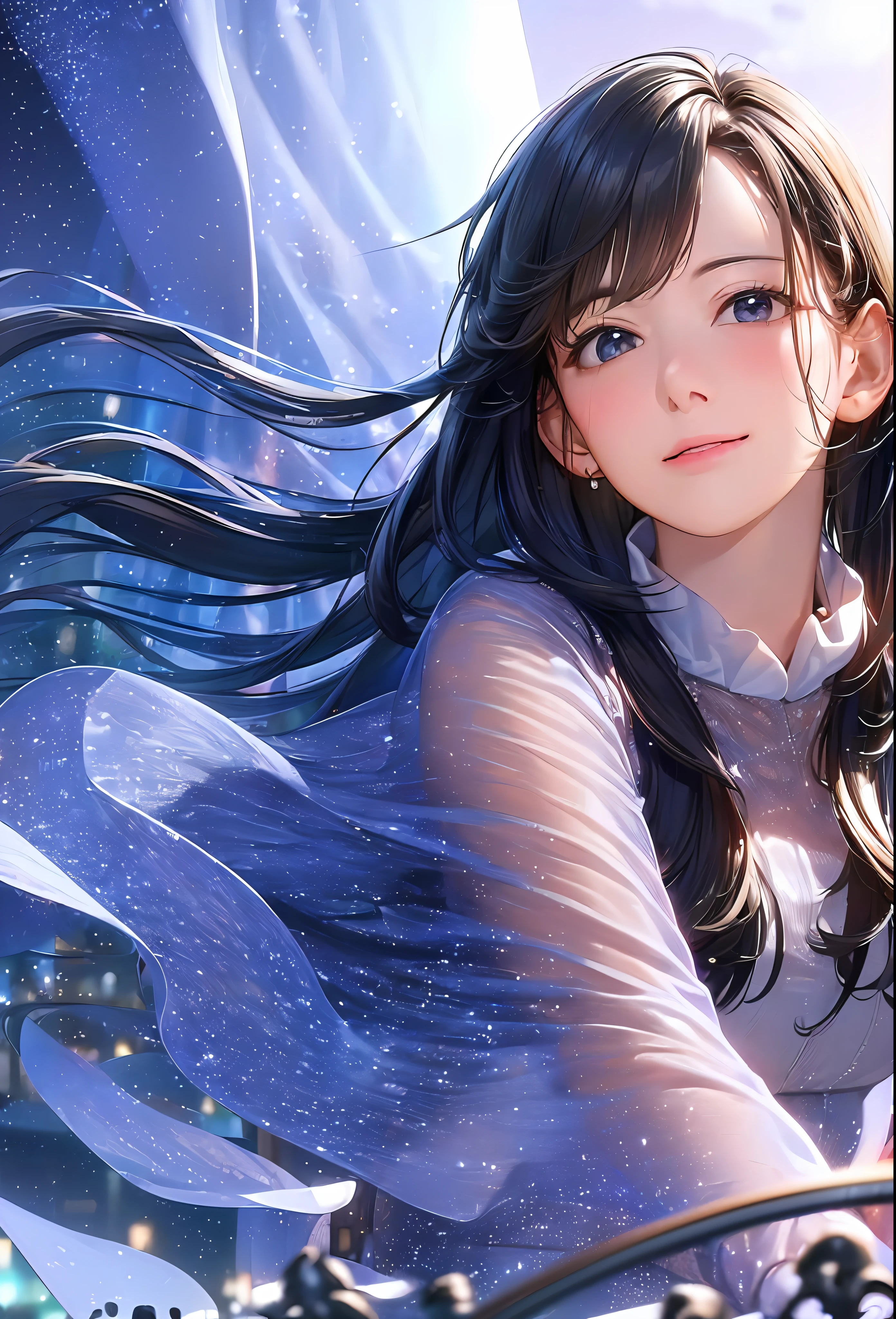 (8K, Best Quality, masutepiece:1.2), (Realistic, Photorealsitic:1.37), Ultra-detailed, 1 girl,Cute, Solo,Midnight,Beautiful detailed sky,Detailed Cafe,Sitting,Dating,(nose blush),(Smile:1.15),(Closed mouth) Small breasts,Beautiful detailed eyes,Floating Hair NovaFrogStyle,Pink dress
