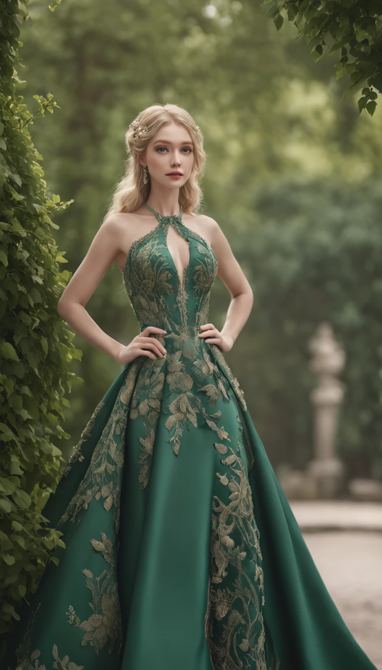 best quality, highly detailed, ultra-detailed, illustration, masterpiece,extremely detailed eyes and face, incredibly_absurd resolution, (blonde hair) , 1girl, wearing a emerald green meticulously crafted and luxurious gown showcasing intricate details, exquisite tailoring, and opulent fabrics, slim waist, light smile, whole body, facing towards the viewers, dynamic pose, green trees background