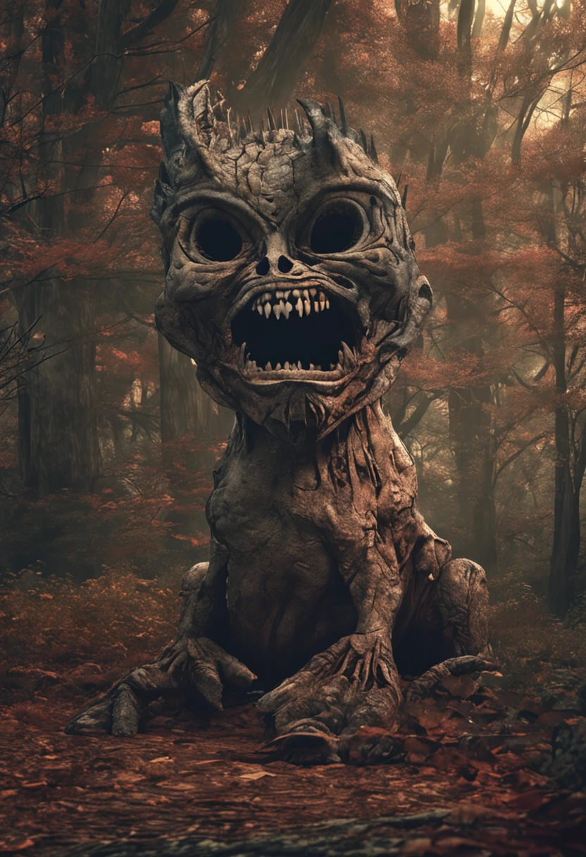 Arte de terror, hombre lobo, cottage in the forest, Flora, Ambiente oscuro, Cryptid of Poland, dientes afilados, terrifying, Renderizado de cuerpo completo, dynamic