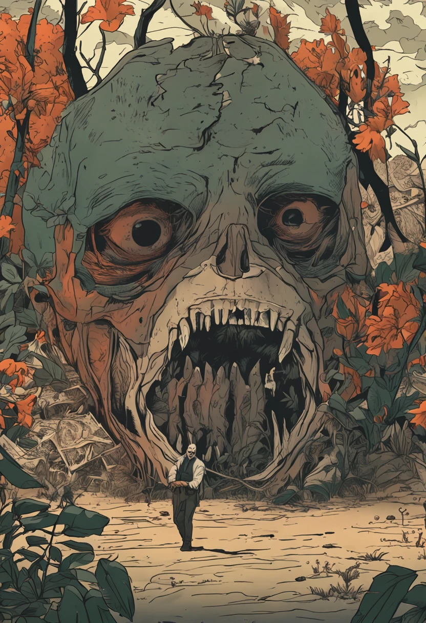 Arte de terror, hombre lobo, cottage in the forest, Flora, Ambiente oscuro, Cryptid of Poland, dientes afilados, terrifying, Renderizado de cuerpo completo, dynamic