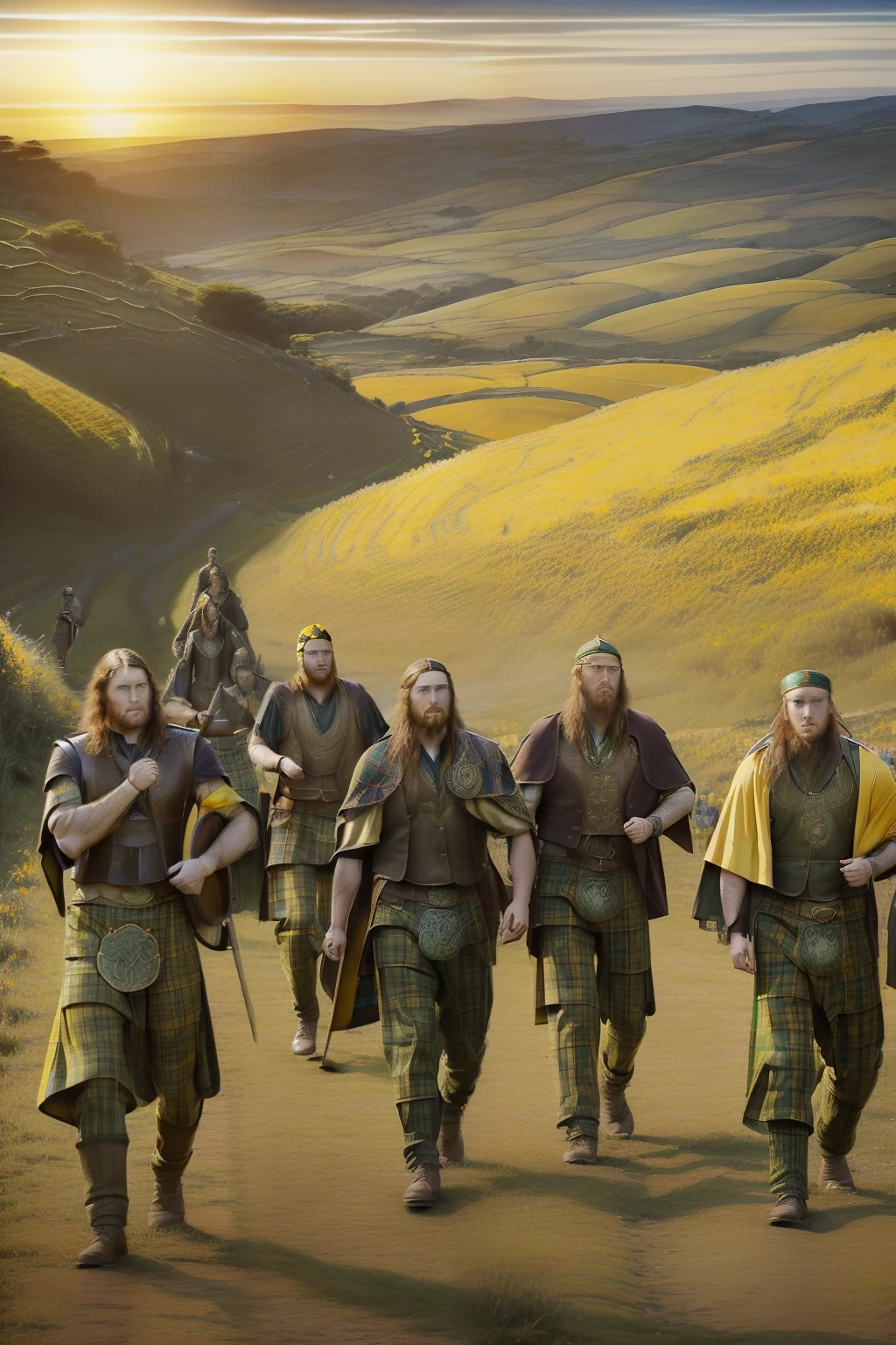 (((Pre-Raphaelite painting of a group of Celtic warriors on the march, with plaid pants on hills covered by yellow tojos, por do sol, paisagem celta)))