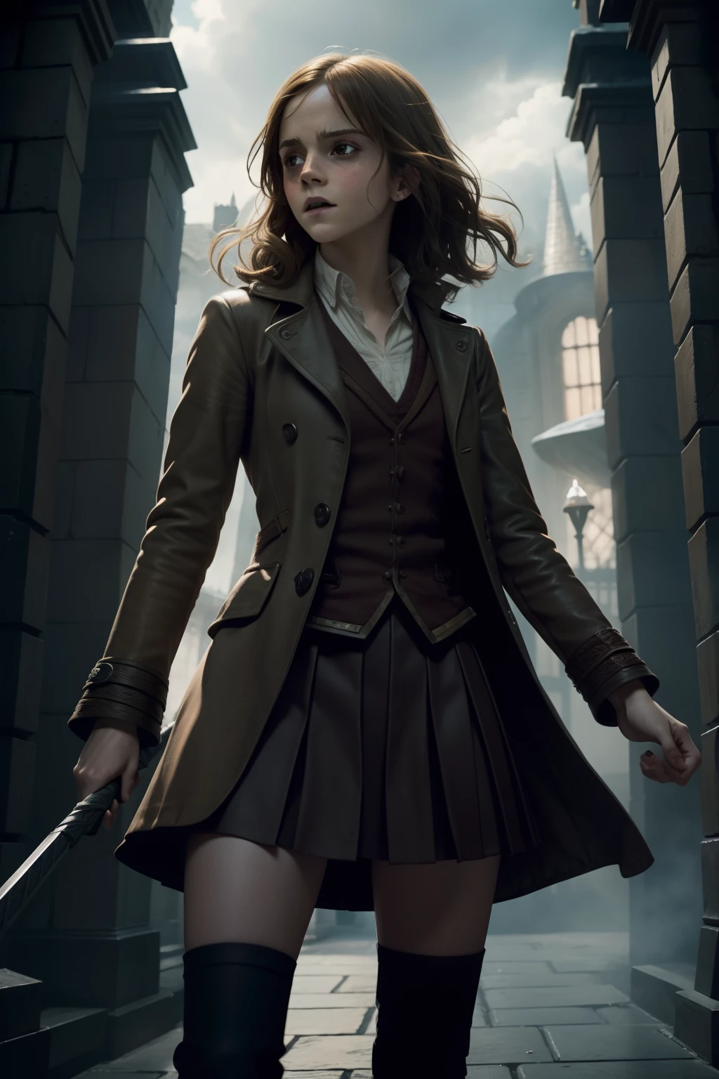 Emma Watson portraying Hermione Granger, fight with menacing sorceress in Hogwart.