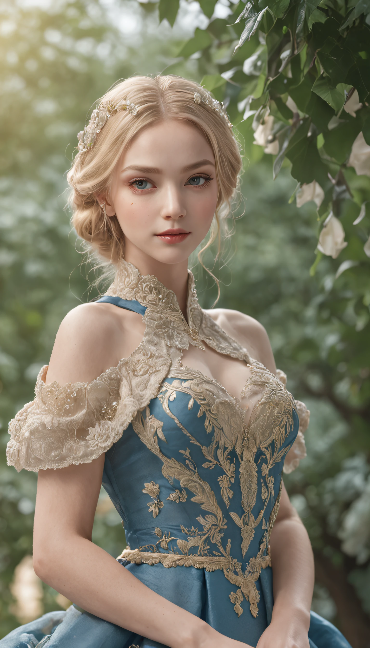 woman, Realistic character，coiffed blonde hair, Willow leaf silk dress，Show the chest，Blue eyes, anime big breast, Alone, modern, cyber punk perssonage，fully body photo