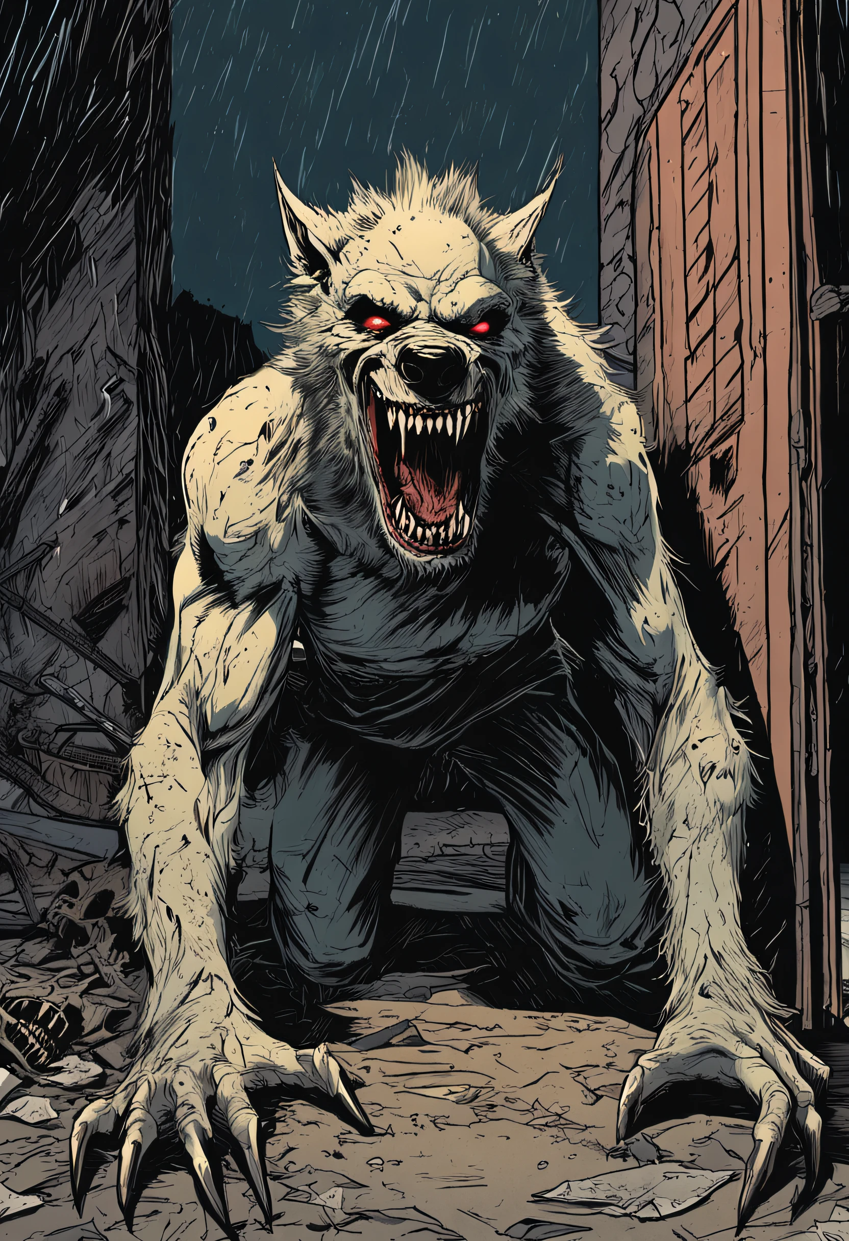 Terrifying horror artwork featuring a menacing full-bodied werewolf with razor-sharp teeth, lurking in the eerie darkness of an abandoned building.