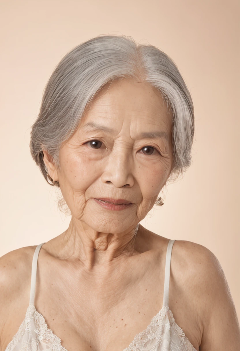 65 years old,(A MILF:1.2), a captivating gaze,long old gray hair,Brown eyes, (A lot of wrinkles on her face:1.4), (There are many wrinkles on her chest1.4),Old Woman, Detailed wrinkles (8K, High resolution,ultra-quality, An ultra-high picture quality,Ultrarealistic,Best Quality,masuter piece:1.2)(breasts are large,Large cleavage:1.1) ,(Old Woman in Japan), ((topless)), ighly detailed,8K,Overall silhouette,restaurant,Looking down