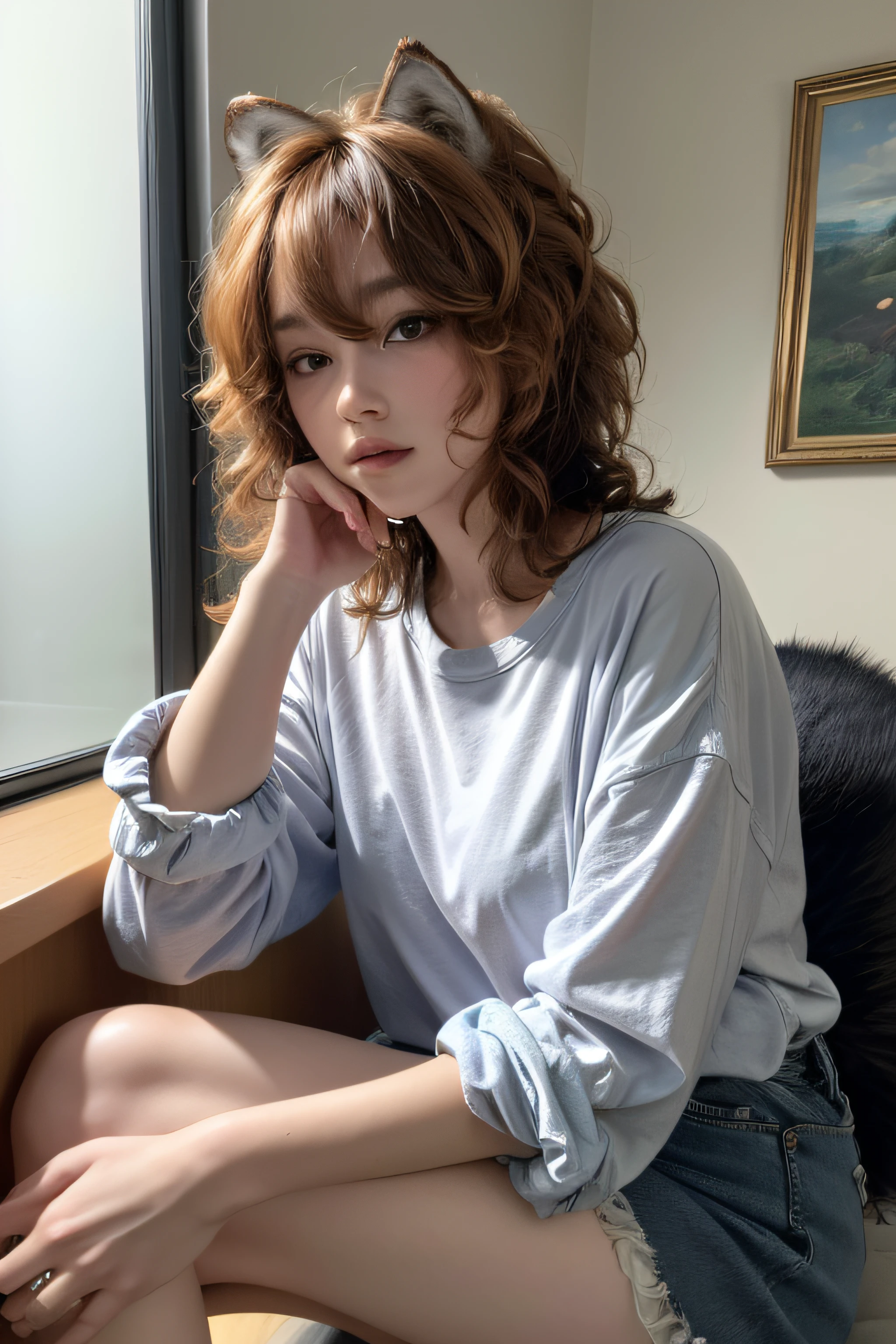 (masterpiece:1.3),(best quality:1.2),8k,absurdres,(extremely detailed:1.3),highestres,
(1girl:1.2),portrait,
,shirt,(wolf_cut:1.2),looking at viewer,sitting,curly hair,