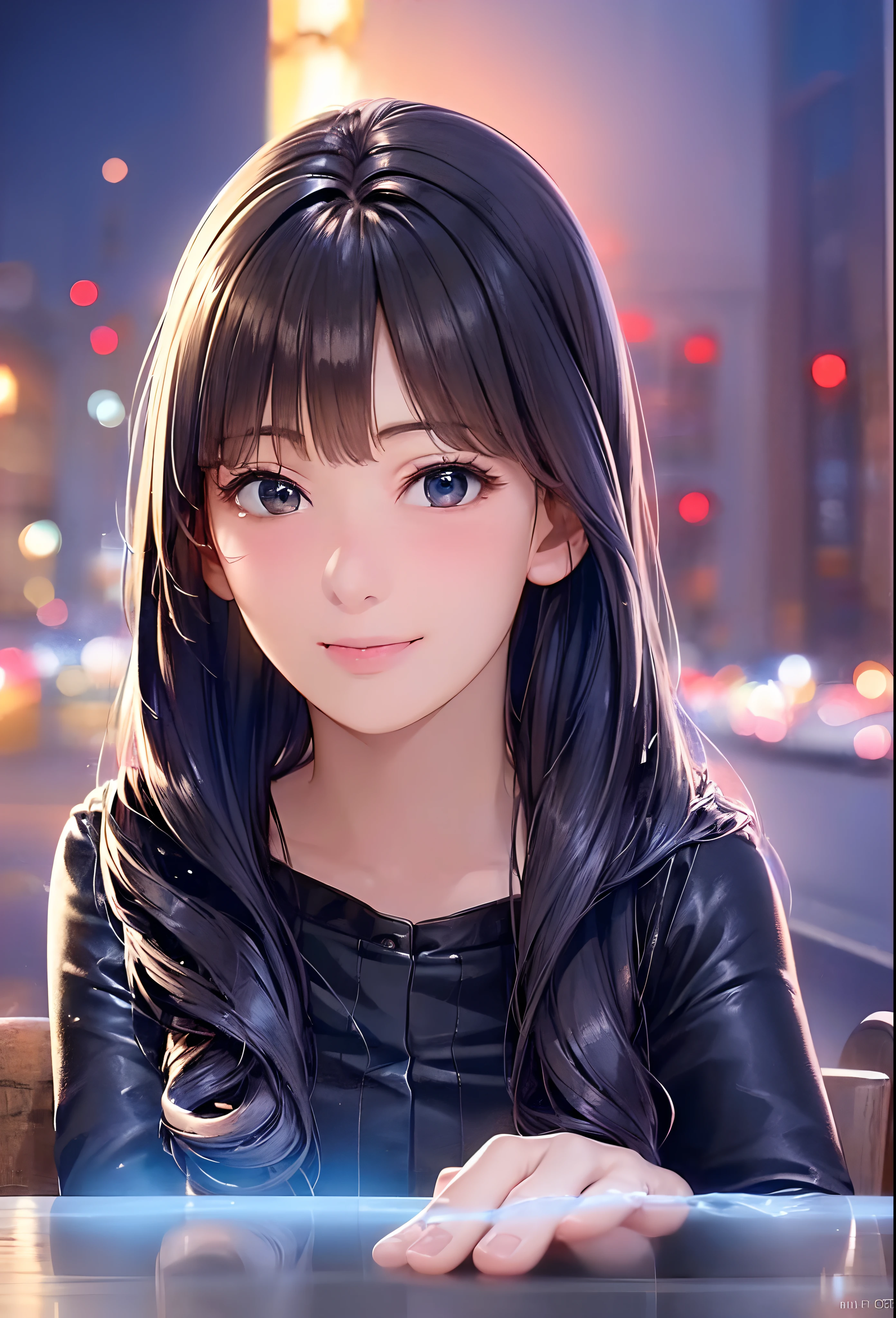 (8K, Best Quality, masutepiece:1.2), (Realistic, Photorealsitic:1.37), Ultra-detailed, 1 girl,Cute, Solo,Midnight,Beautiful detailed sky,Detailed Cafe,Sitting,Dating,(nose blush),(Smile:1.15),(Closed mouth) Small breasts,Beautiful detailed eyes,Floating Hair NovaFrogStyle,Pink dress