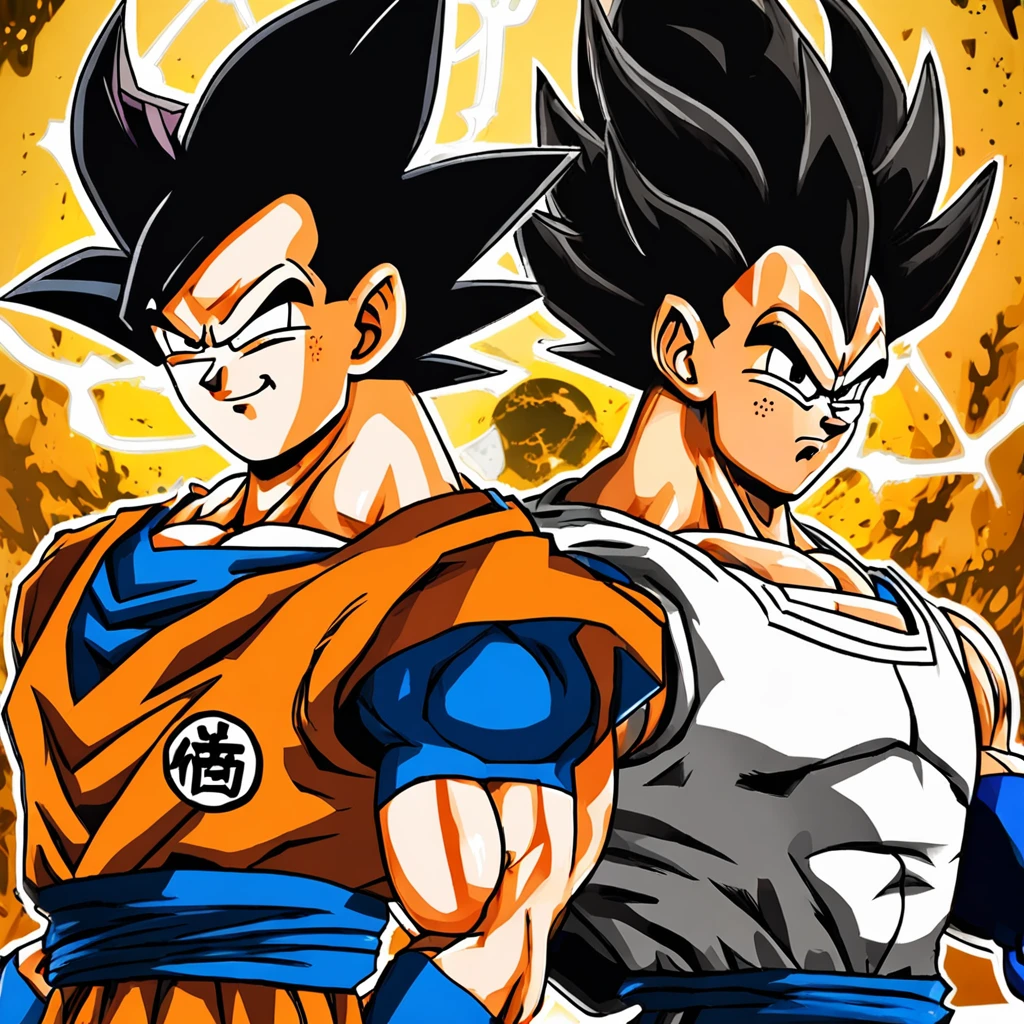 "I'd like to see a realistic depiction of a fusion between the characters Vegeta and Goku from Dragon Ball. Apply realistic painting techniques to bring to life the details of the facial features of both characters, highlighting their determined expressions and the inner strength they symbolize. Certifique-se de que seus trajes de batalha estejam cheios de texturas e pequenos detalhes. Coloque-os em uma cena de combate vibrante e intensa, with energy radiating from their hands as they prepare for a powerful attack."