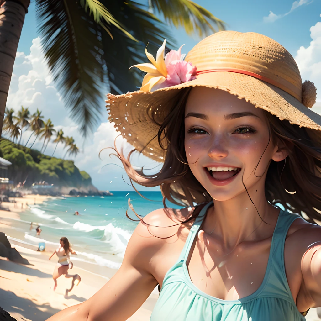 ultra realistic beautiful girls, best friends, happy, (( enjoying summer vacation)), playful girls, (((((running joyfully on the beach))))), (wearing summer clothes), hats on heads, (((summer vibe))), best quality, HDR , UHD, close up shot, masterpiece, --auto --s2