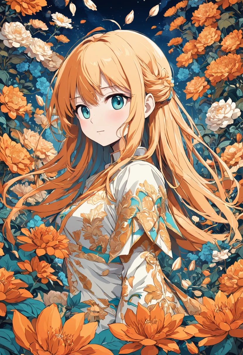 Crear un galardonado, Highly detailed vector illustration of a comic book style wallpaper with abundant (flores turquesas, crema y naranja), adornado con follaje intrincado, al rededor muchas hojas y flores con colores que complementan la imagen