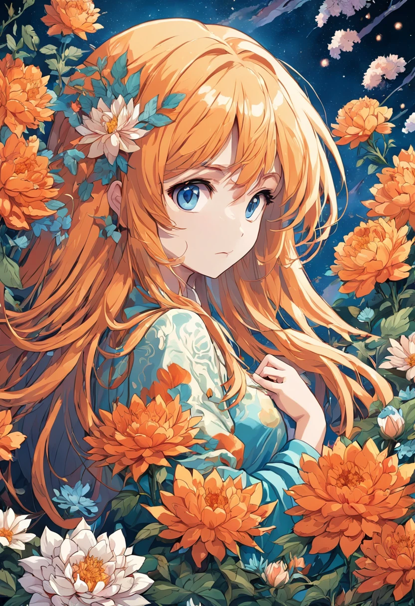 Crear un galardonado, Highly detailed vector illustration of a comic book style wallpaper with abundant (flores turquesas, crema y naranja), adornado con follaje intrincado, al rededor muchas hojas y flores con colores que complementan la imagen