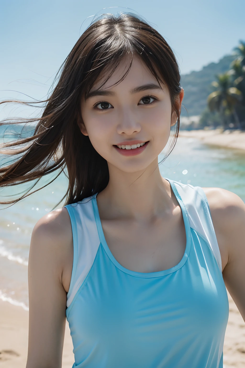 top-quality、​masterpiece、超A high resolution、(Photorealsitic:1.4)、Highly detailed and professional lighting smile。Playing volleyball on the beach、Run your body with sweat。Light blue tank top