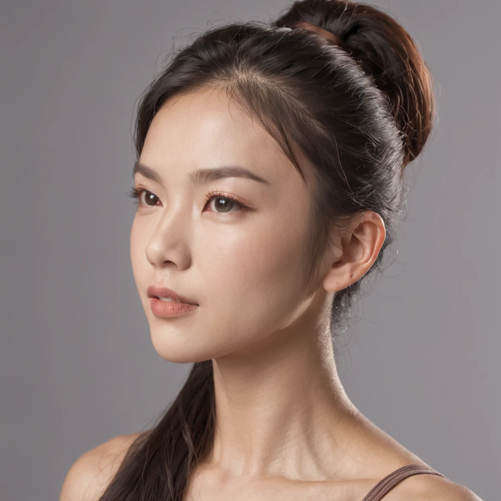 There is an Asian woman, with accurate features, strong jawline, slightly pointed ears, dynamic angle shot, No extra ears, neck zoomed in, side view profile centered, wide high angle view, Two pointed ears,Side photo in sportswear