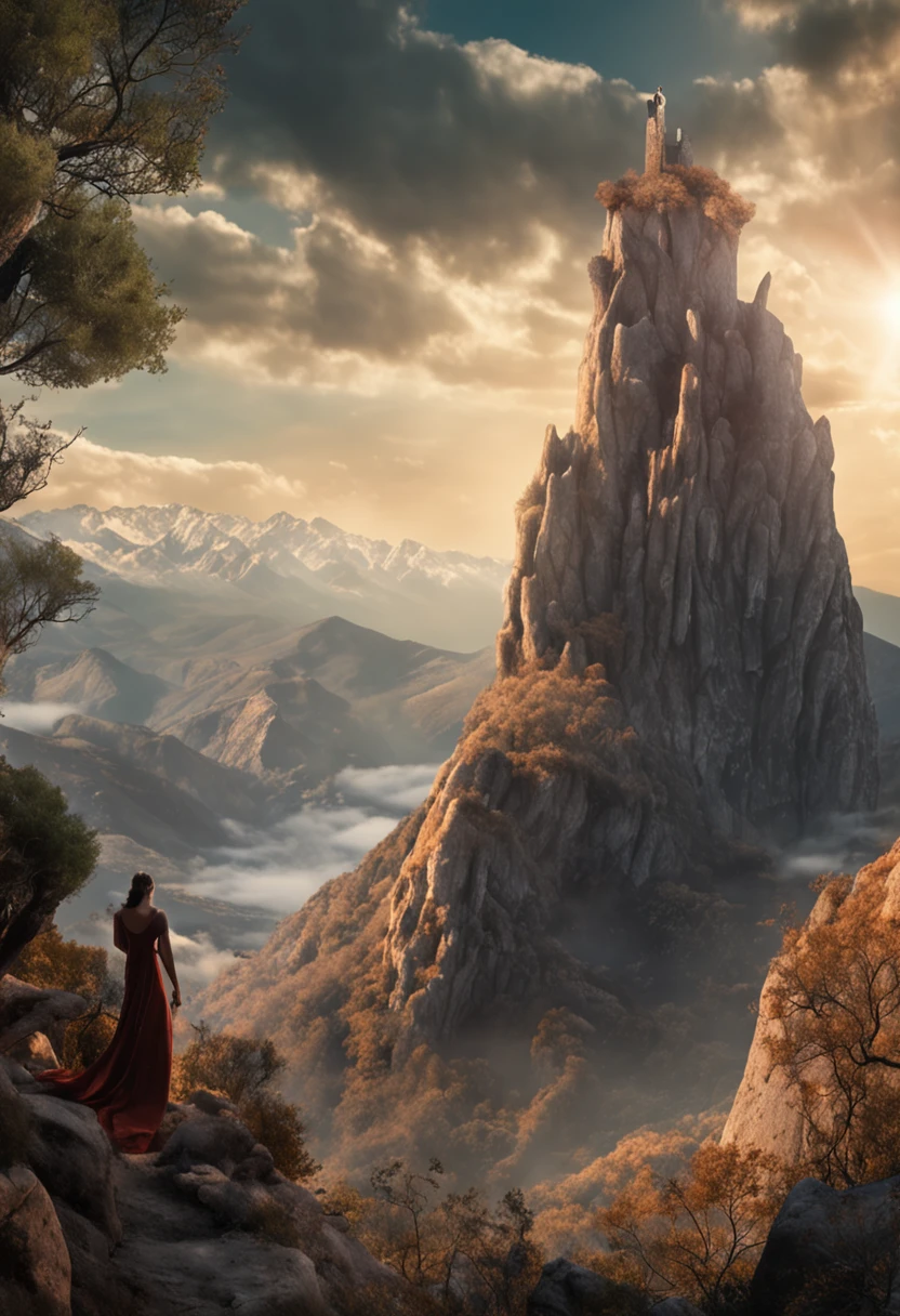 Create a captivating fantasy art image depicting a powerful magician standing on an eroded and towering rock formation. La roca debe colocarse en el borde de un acantilado elevado, Offer the magician a breathtaking and commanding view of a mystical landscape. La escena se desarrolla en el contexto de majestuosidad, Snow-capped mountains stretching as far as the eye can see. These towering peaks should be shrouded in an ethereal fog.., Adding an air of mystery to the stage. The mountains should rise dramatically from the valley below, sus picos puntuando el horizonte. En el cielo de arriba, Unleash the imagination with the presence of majestic dragons that rise gracefully. Estos dragones deben ser renderizados con un detalle impresionante., Sus escamas brillan a la luz del sol mientras bailan entre las nubes. Estas criaturas no son temibles, but rather an integral part of the world, exuding a sense of power and wisdom. El mago mismo se mantiene alto y majestuoso, wrapped in flowing robes that flutter in the wind. Su personal, tallado con runas intrincadas, se sostiene firmemente en una mano, and his other hand is stretched out towards the mountains, como si canalizara la magia misma de la tierra. Su largo, Beard and loose hair give him an aura of timeless wisdom, mientras sus ojos brillan con conocimiento de otro mundo. As the sun casts its warm tones onto the landscape, Capture the moment when the world seems to hold its breath in reverence for the mystical convergence of magic., Naturaleza, y criaturas impresionantes. The artistic style of this image should be rich in detail., showing the intricate designs of the magician's robes, The textures of the rock formation, The brilliance of dragon scales, and the play of light in the mountains.