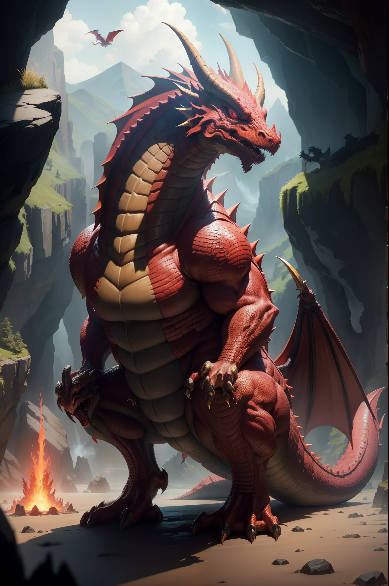 Detailed painting, by Taran Fiddler, solo, dragon, full body, feral, cave, stocky dragon, orangish red scales, fiery personality, wings, fat, weight gain,