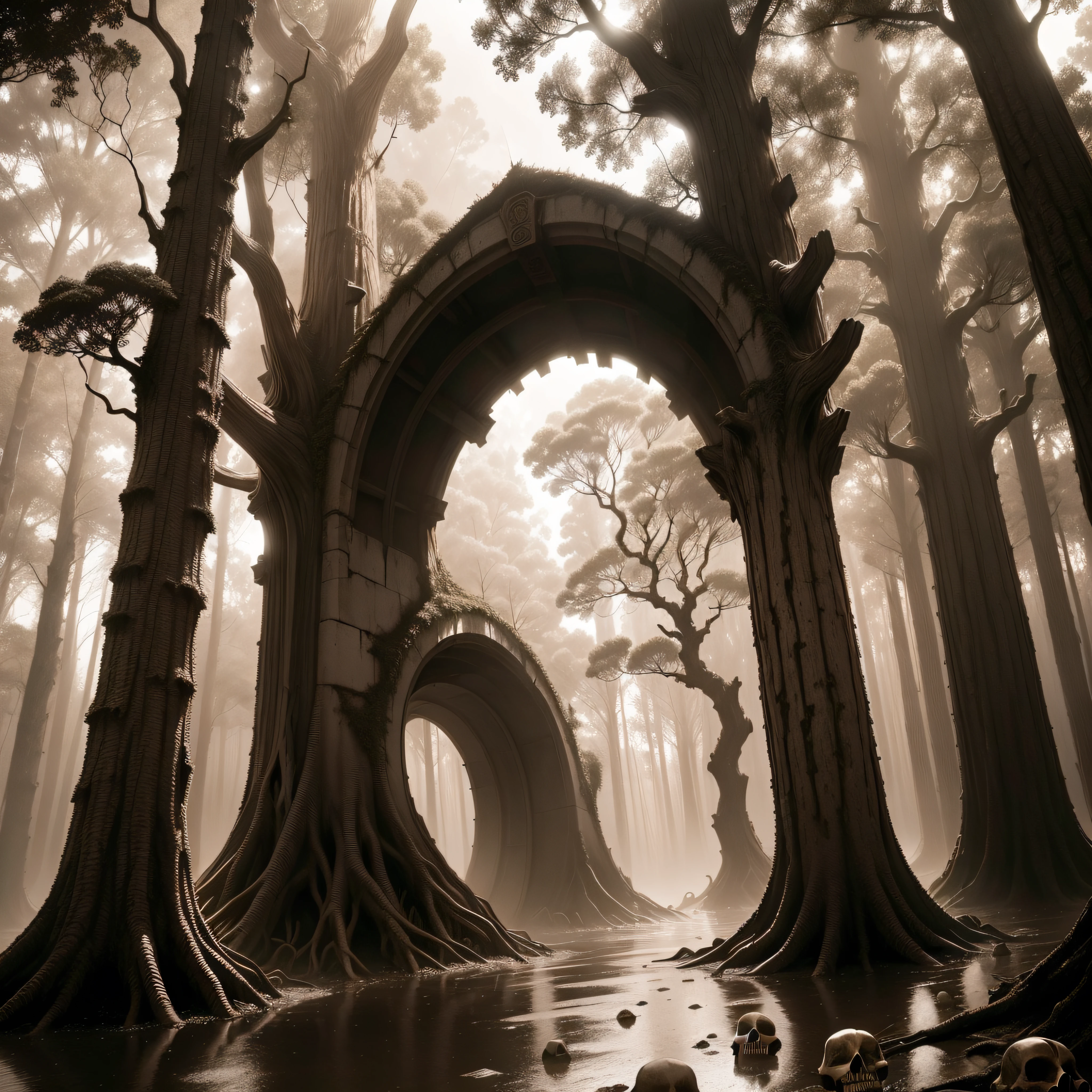(extremadamente detallado, obra maestra, La mejor calidad, Tono sepia) bosque enorme, Skulls come out of tree trunks, Flooding, ruinas. Daytime Lighting.
