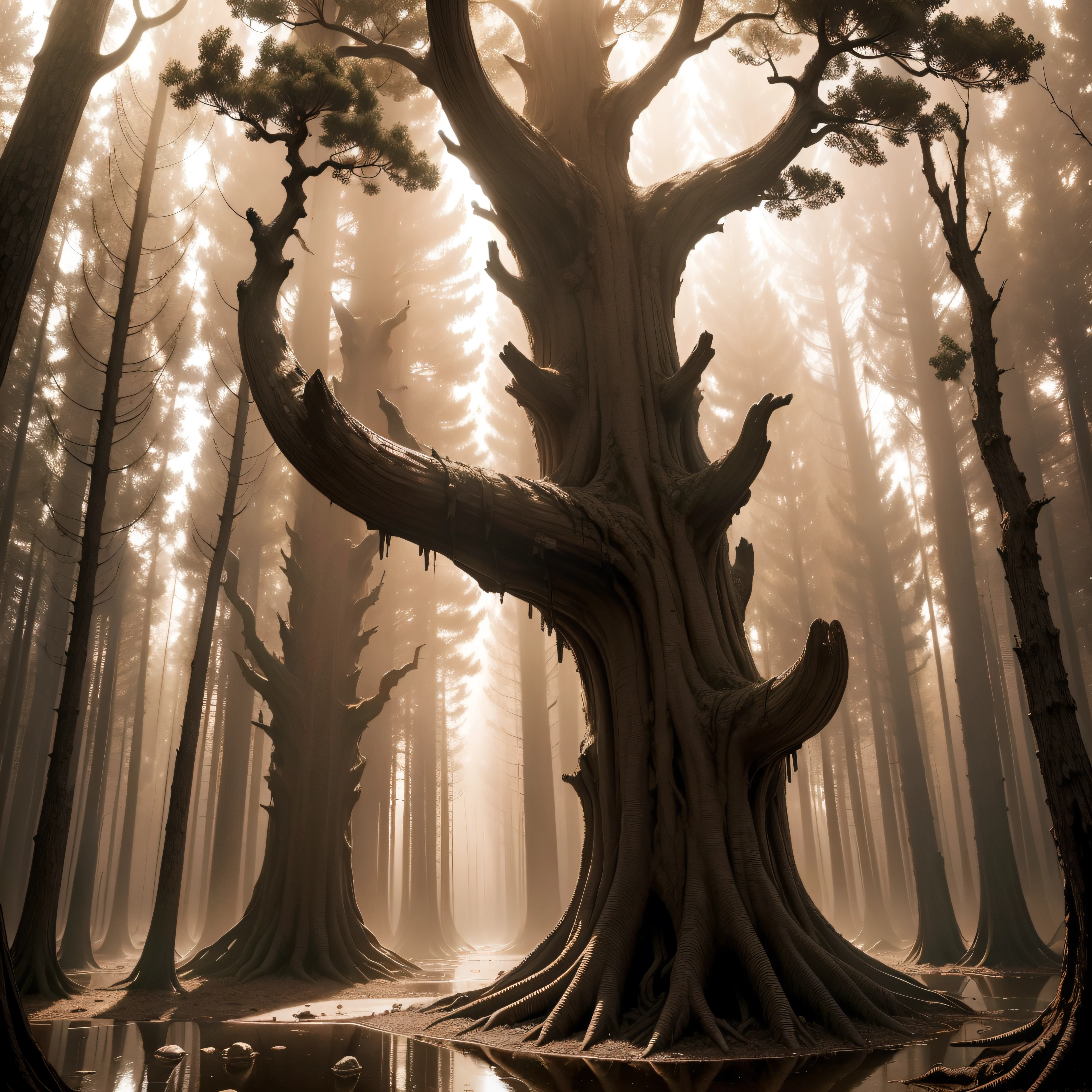 (extremadamente detallado, obra maestra, La mejor calidad, Tono sepia) bosque enorme, Skulls come out of tree trunks, Flooding, ruinas. Daytime Lighting.