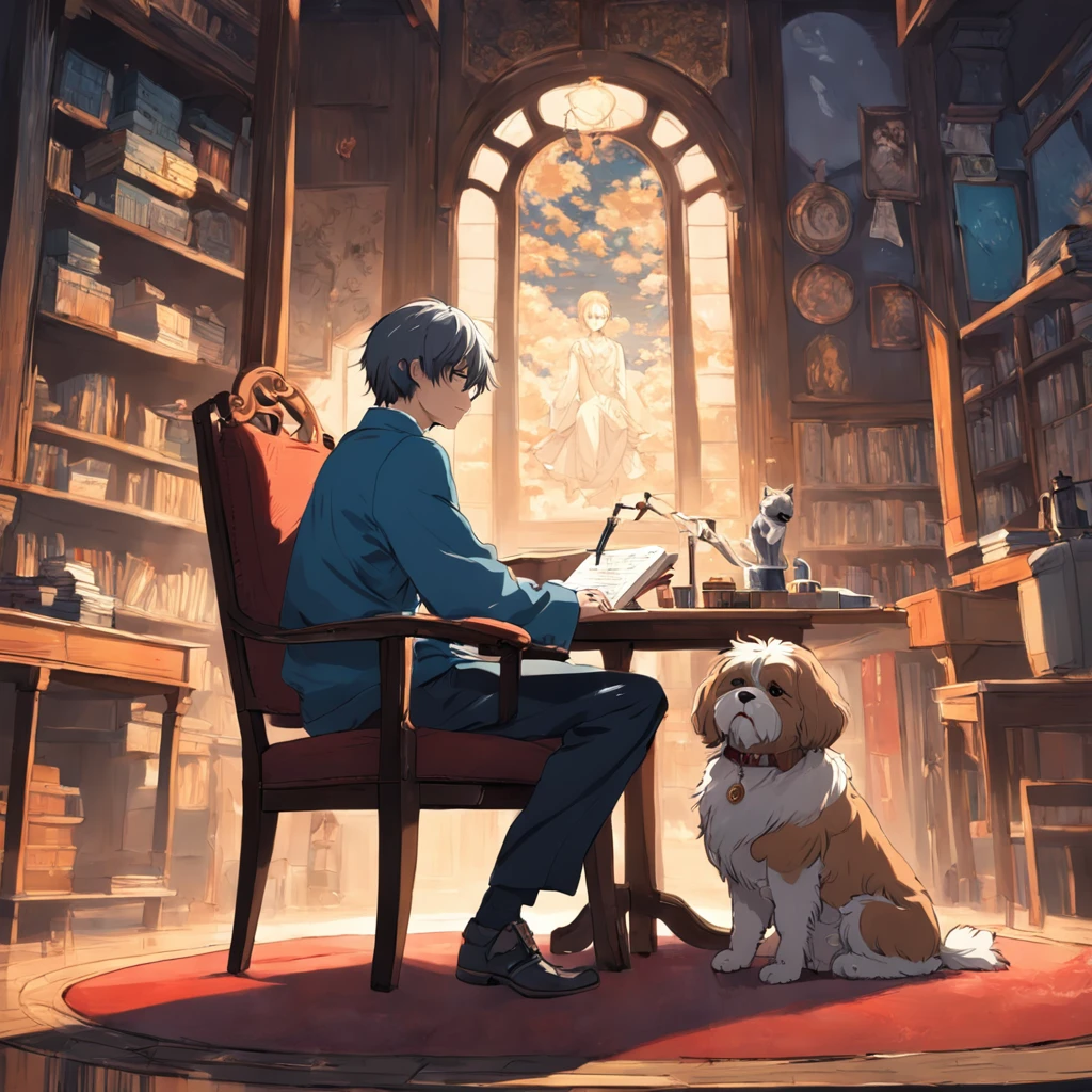 The tutor man sitting in the chair working with the shih tzu at the foot of the chair