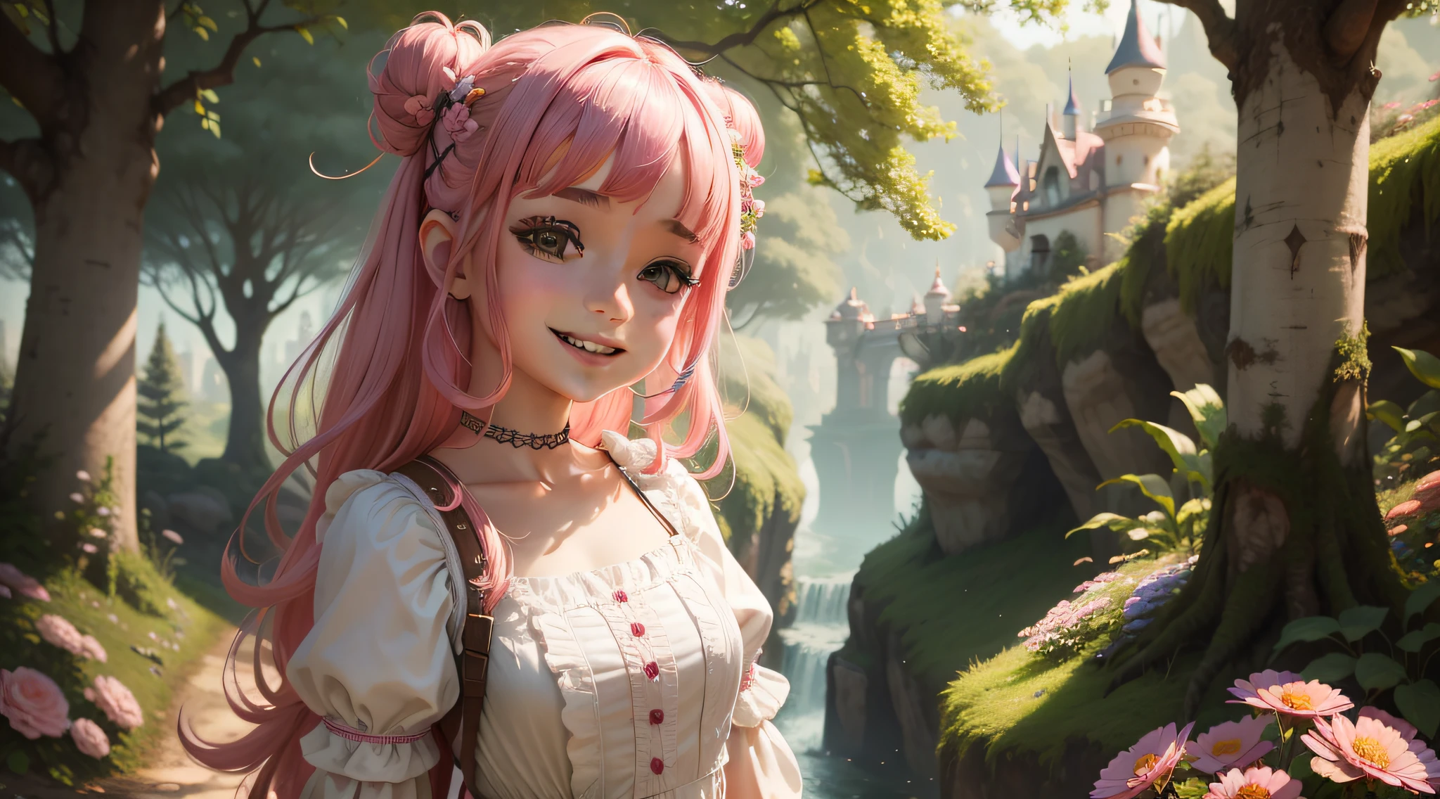 Menina bonita sorrindo com cabeloslingos e rosa, De frente para um castelo arruinado usando um vestido no meio da floresta encantada em um belo jardim com fadas e borboletas, Estilo cyberpunk, Estilo Disney, alta qualidade, 4k