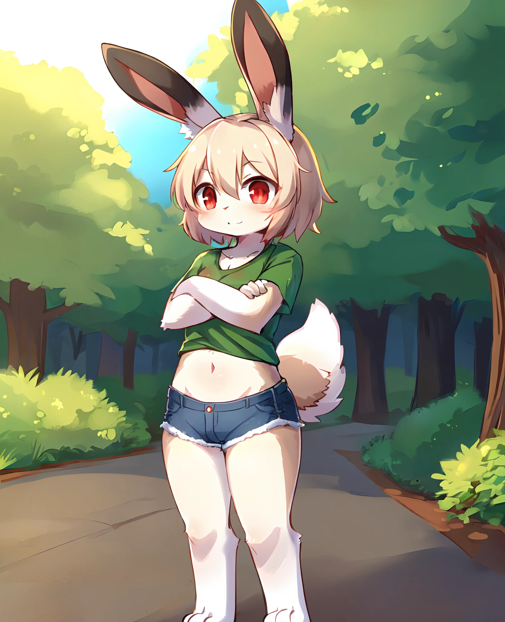 (furry:1.2), (feral:1.3), (black_rabbit:1.3),  detailed body fur, white fur, cute, rabbit feet, rabbit tail, rabbit ears, rabbit snout, kemono,  outside,  scut tail,red_eyes,  green t-shirt, crossed_arms, v-shaped eyebrows, standing, , blush,denim shorts, navel, black_fur,black_skin