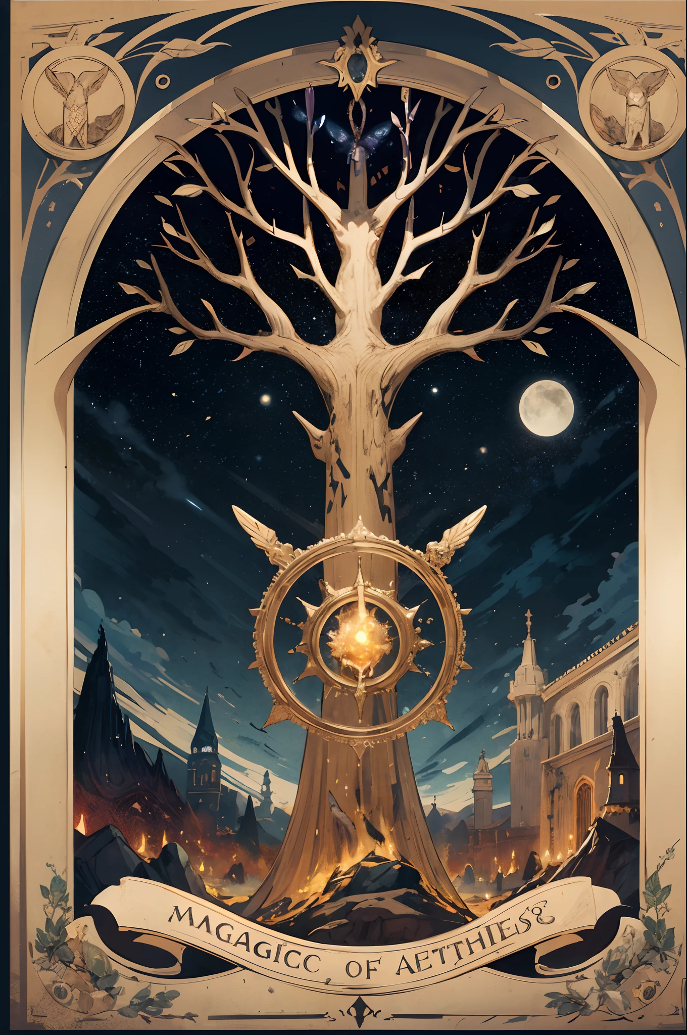 The coat of arms of Aetheria is a magical work of art that reflects the essence of the realm of magic. Ele apresenta um fundo de profundo azul, symbolizing the vast starry sky that harbors cosmic secrets and arcane powers. No centro, A majestic open book hangs in suspension, its pages displaying intricate patterns of ancient runes and spells.

Acima do livro, A Golden Flame Dance, representando a chama da sabedoria e conhecimento que arde eternamente nas mentes dos estudiosos e magos de Aetheria. To the left of the book, A magical tree with bright leaves and deep roots symbolizes the connection between magic and nature. On the right hand,  um cajado, the left another staff evoking the union of the different magical traditions practiced in the kingdom.

The base of the coat of arms is adorned with a rainbow woven from magical elements, representing the diversity and variety of magical disciplines dominated by the inhabitants of Aetheria. Around the entire coat of arms, um contorno prateado em forma de estrelas brilhantes emite um brilho suave, remembering the mystical aura that pervades the realm.

This coat of arms is a visual testament to the rich magical heritage and power that flows through the lands of Aetheria.