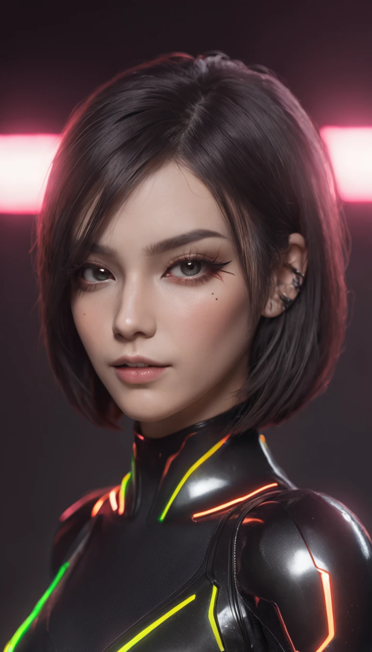 best quality, highly detailed, ultra-detailed, illustration, masterpiece,extremely detailed eyes and face, incredibly_absurd resolution, (A sharp asymmetrical bob with vibrant neon streaks hair) , 1girl, wearing A sleek black bodycon mini dress with metallic accents, neon piping, and tech-inspired patterns, slim waist, light smile, whole body, facing towards the viewers, dynamic pose