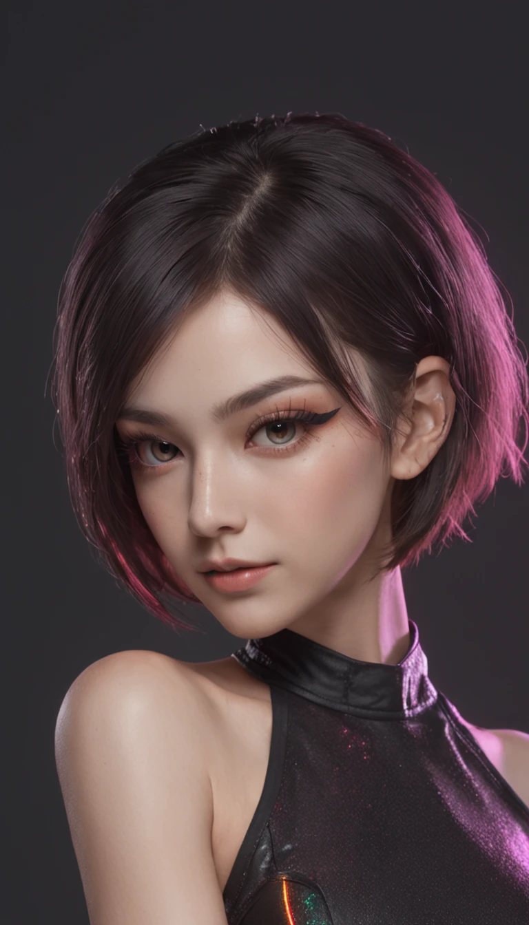 best quality, highly detailed, ultra-detailed, illustration, masterpiece,extremely detailed eyes and face, incredibly_absurd resolution, (A sharp asymmetrical bob with vibrant neon streaks hair) , 1girl, wearing A sleek black bodycon mini dress with metallic accents, neon piping, and tech-inspired patterns, slim waist, light smile, whole body, facing towards the viewers, dynamic pose