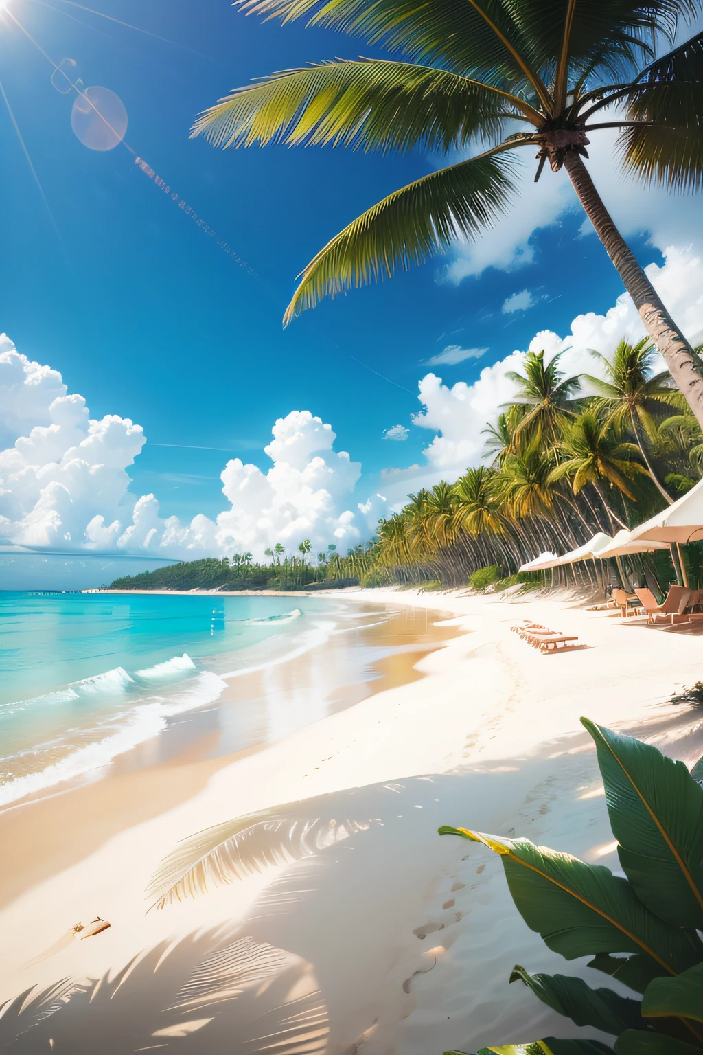 "High definition image of a tropical beach with white sand and palm trees"