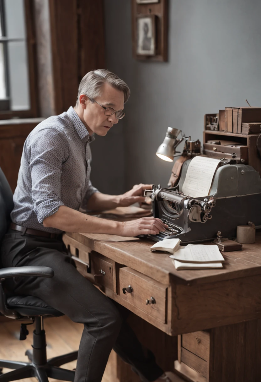 (tiny man)) wearing short shirt, long pants and sneakers, ((working at a desk with computer)) (((over a giant matchbox)))