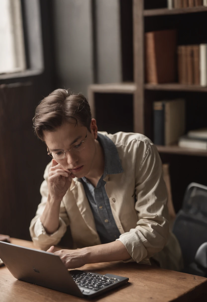 (tiny man)) wearing short shirt, long pants and sneakers, ((working at a desk with computer)) (((over a giant matchbox)))