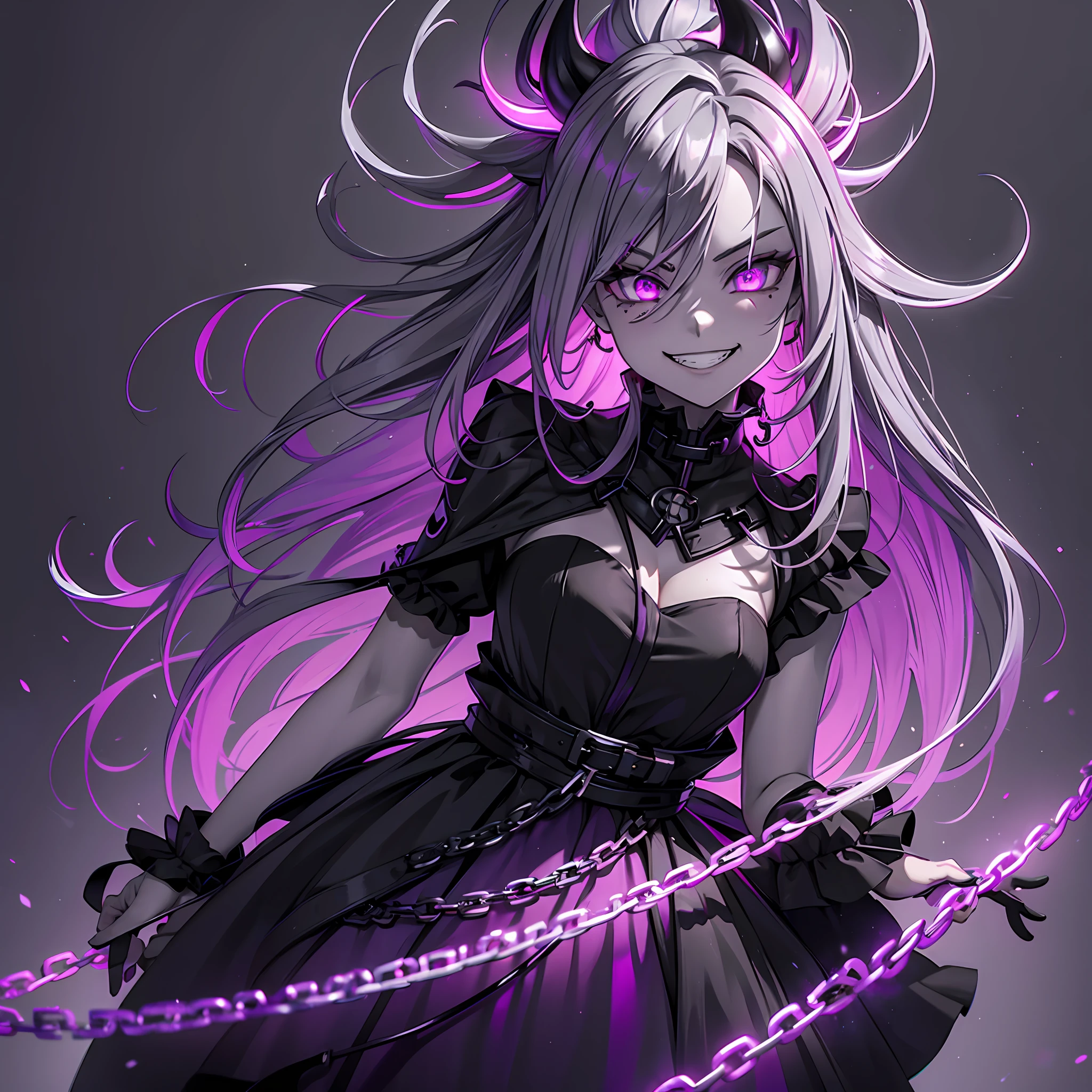 1 girl, wallpaper, whole picture, grey wall background, ruined wall background, asymmetric hair, grey hair, multicolored hair, long hair, psycho smile, evil_smile, dark purple eyes, view from the side, looking at viewer, long chain shackles, neon lights, grin, ruffled hair, black dress