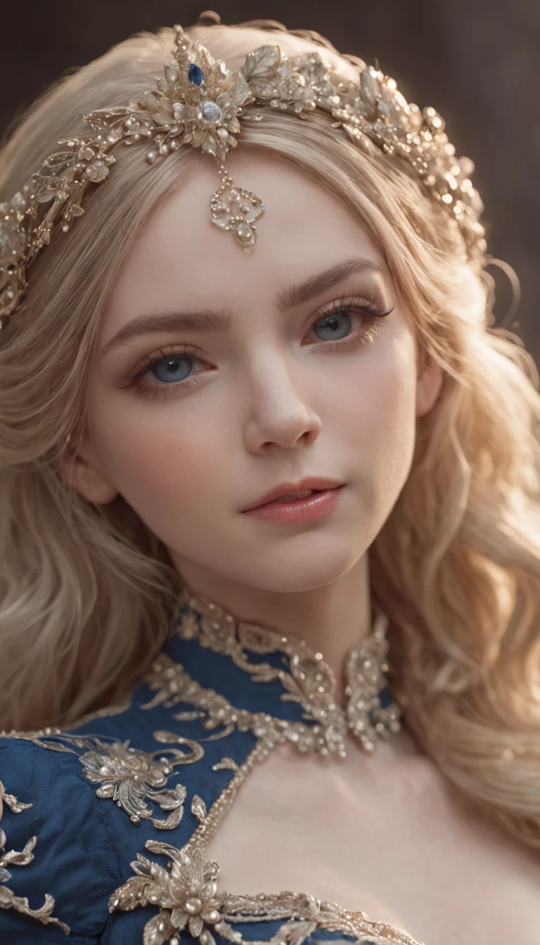 best quality, highly detailed, ultra-detailed, illustration, masterpiece,extremely detailed eyes and face, incredibly_absurd resolution, (blonde hair) , 1girl, wearing a deep ocean blue meticulously crafted and luxurious gown showcasing intricate details, exquisite tailoring, and opulent fabrics, slim waist, light smile, whole body, facing towards the viewers, dynamic pose