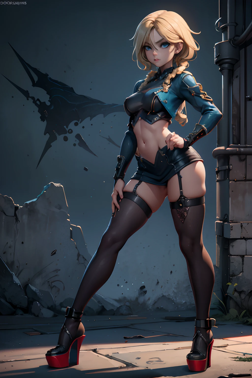 professional photograph shot on Canon EOS R6, moody lighting, 80mm,
1girl, blond hair, [very short hair|very long braids], blue eyes, edgy, [green bodysuit|blazer|asymmetric dress], underboob, scenery, standing in front of a graffiti-covered wall, rebellious, street fashion, platform heels, very sexy pose, By art germ, onlyfans,