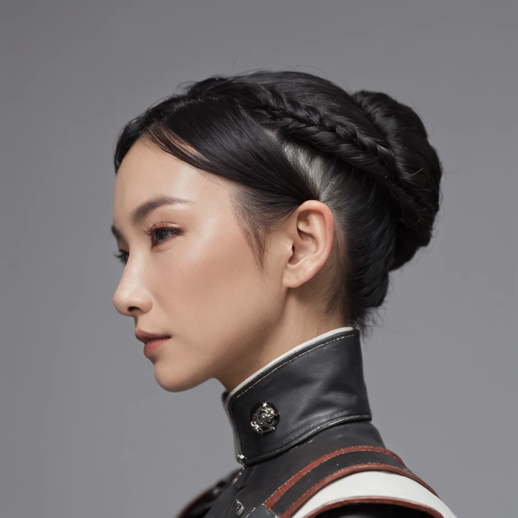 There is an Asian woman, with accurate features, strong jawline, slightly pointed ears, short floppy hair, black hair, dynamic angle shot, No extra ears, neck zoomed in, side view profile centered, wide high angle view, Two pointed ears，Side photo, wearing futuristic military uniform, science fiction