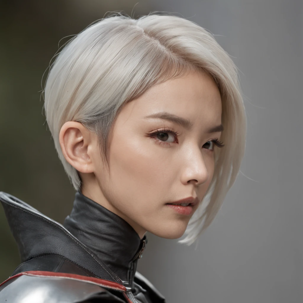 There is an Asian woman, with accurate features, strong jawline, slightly pointed ears, short floppy hair, platinum hair, dynamic angle shot, No extra ears, neck zoomed in, side view profile centered, wide high angle view, Two pointed ears,Side photo, wearing futuristic military uniform, science fiction
