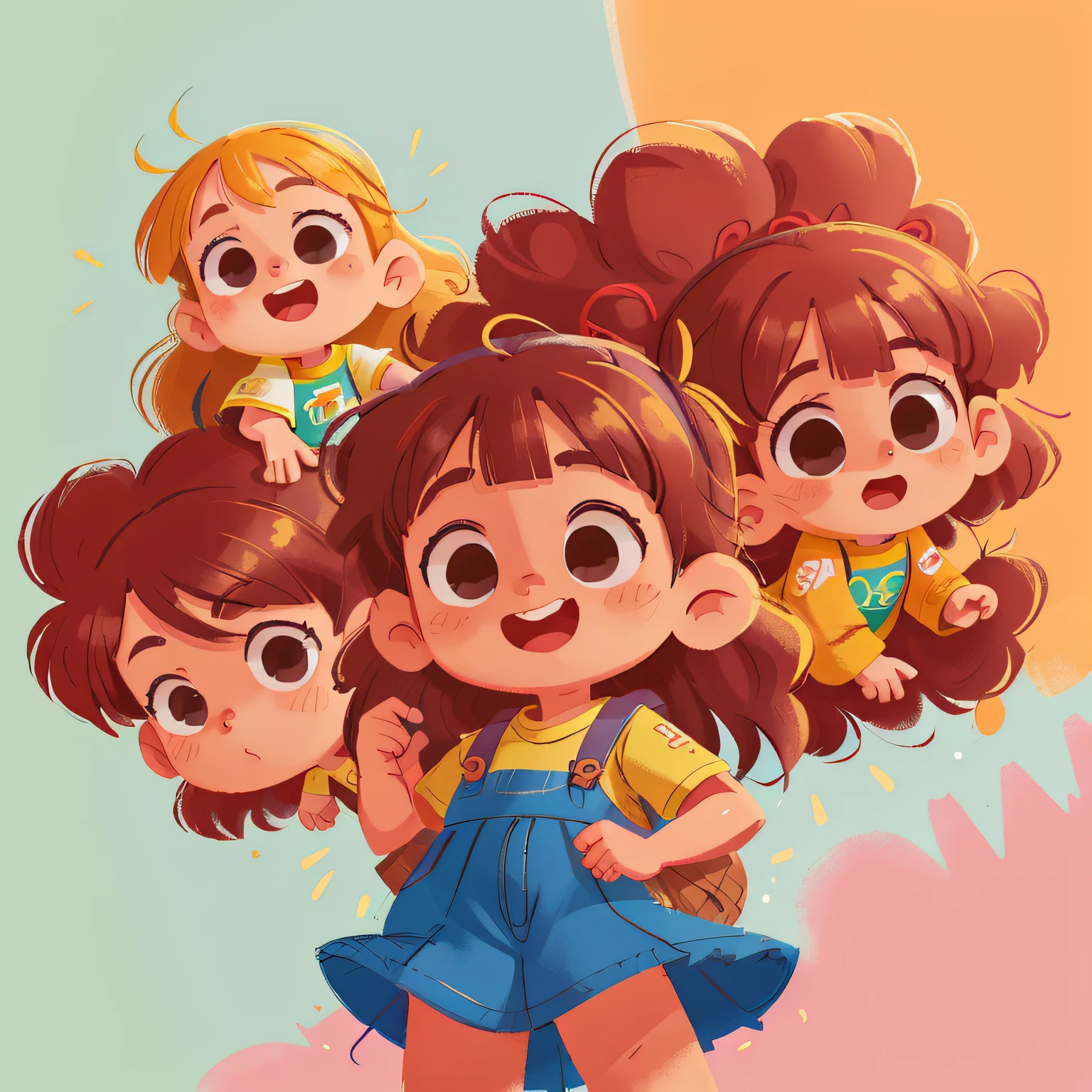 Poster design, (SFW), uma menina pequena, cabelos castanhos na altura dos ombros, happy and playing with other children, qualidade perfeita, foco claro, colorido, rosto perfeito, detalhes intrincados, angle of view ultra-low, lente grande angular