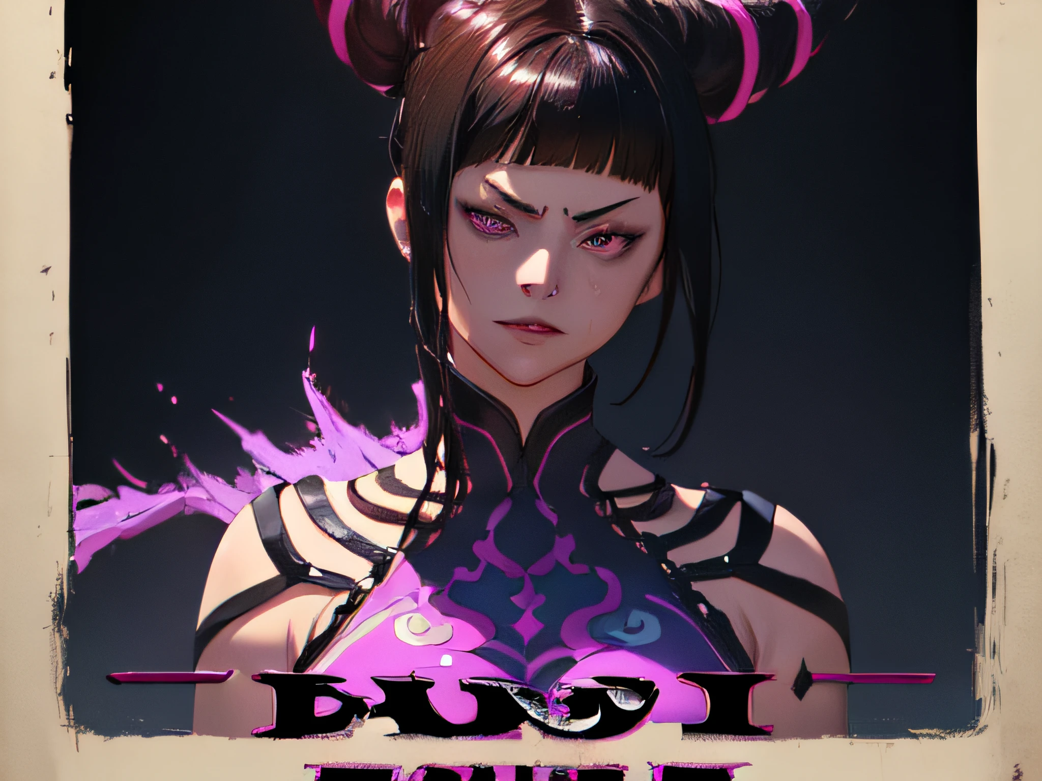 (Dark Fantasy Movie Poster),(Cover Art: 1.5) Beautiful face, hyperrealistic face, seductive expression, ahegao face, vibrant juri hair, confident pose with hands on hips, face shot, night scene with a black wall and dark background,