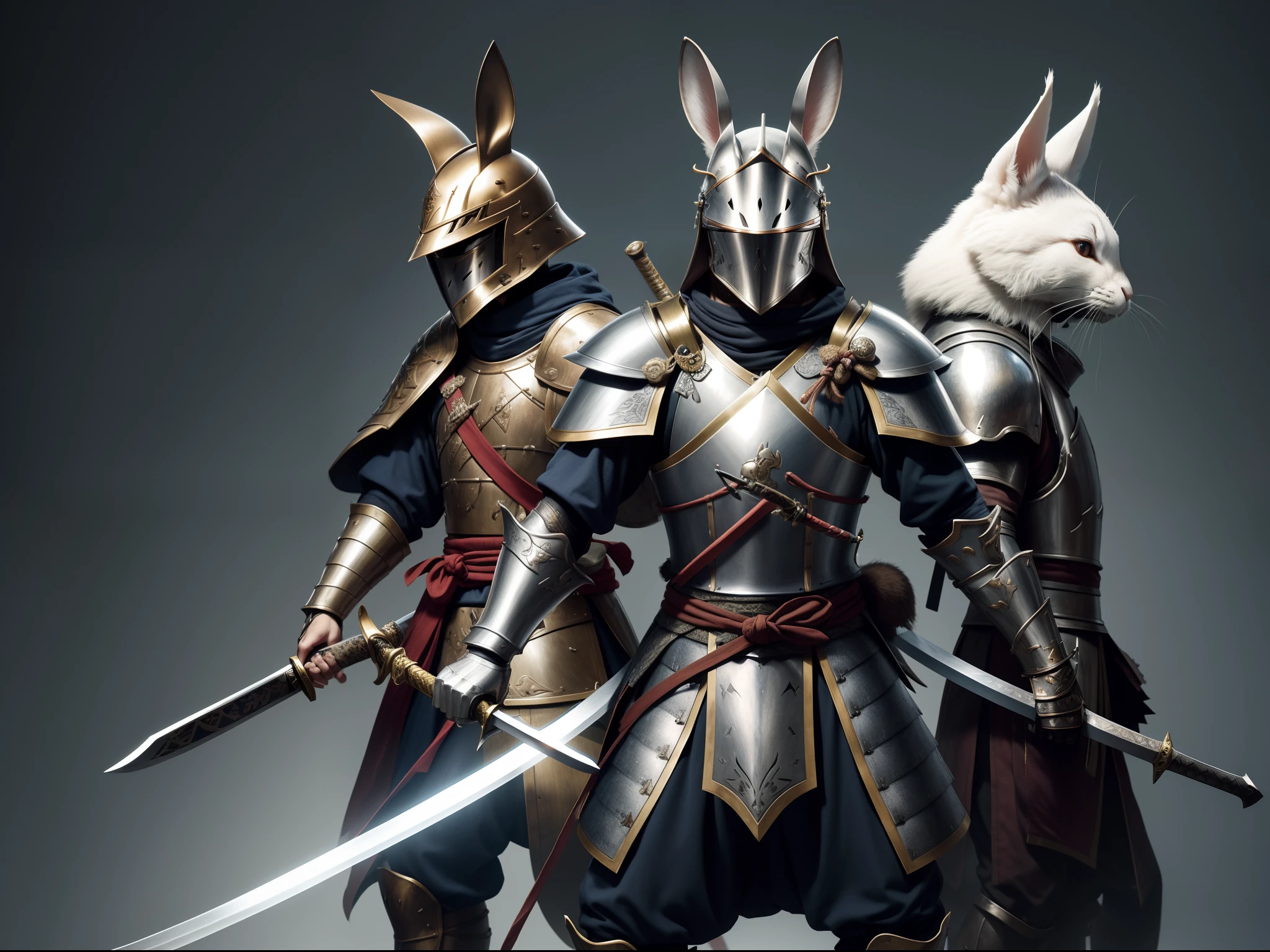 dressed in armor，Arafeld rabbit holding sword and sword, rabbit warrior, bunny with helmet and sword, fox nobushi holding a naginata, wojtek fus, Samurai cat, anthropomorphic cat ninja, kitsune inspired armor, Cat Warrior, highly realistic concept art, hyperreal rendering, hyper realistic rendering, hyper - realistic render