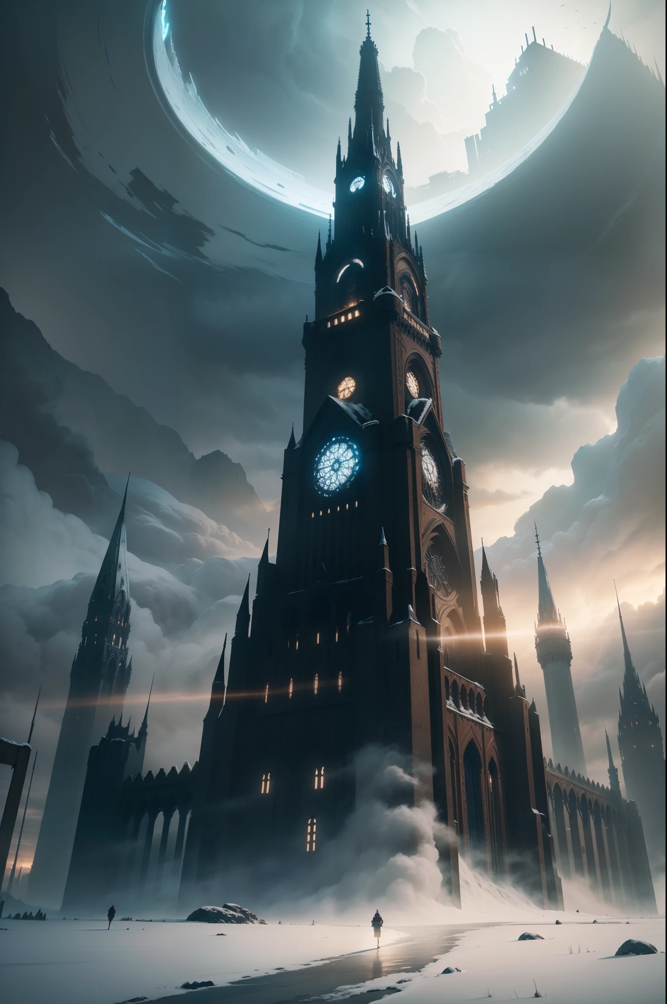 A mesmerizing artwork depicting a majestic "Frostpunk tower". The tower stands tall and imposing, emanating an aura of strength and resilience. The intricate details of the tower showcase its architectural brilliance, with frost-covered spires and delicate engravings. The surrounding environment is icy and desolate, with a dystopian feel. The sky is filled with dark clouds, hinting at an impending storm. The scene is illuminated by a soft, ethereal light, casting long shadows on the ground.
