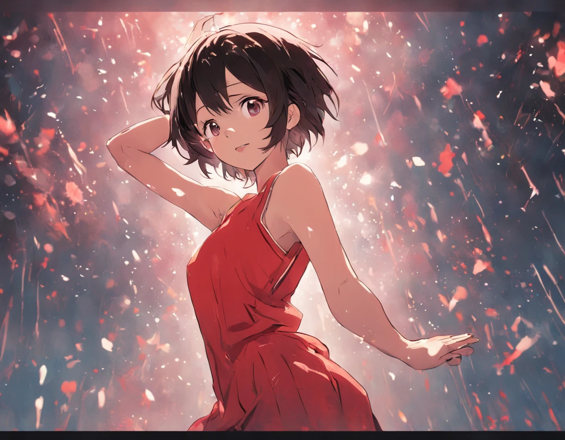 woman, sitting on a couch, red sleeveless dress, white shoes, arms up, arms behind her head not visible in the frame, short black hair, facing the camera, smiling, slender figure, smooth armpits, slight blush on her cheeks