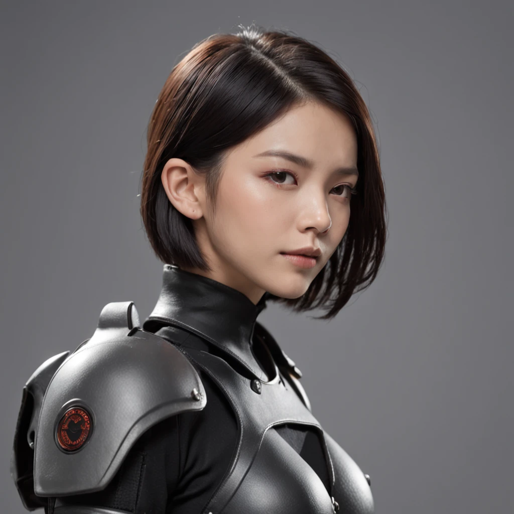 There is an Asian woman, with accurate features, strong jawline, slightly pointed ears, 25 year old, short hair, black hair, dynamic angle shot, No extra ears, neck zoomed in, side view profile centered, wide high angle view, Two pointed ears，Side photo, wearing futuristic military uniform, science fiction