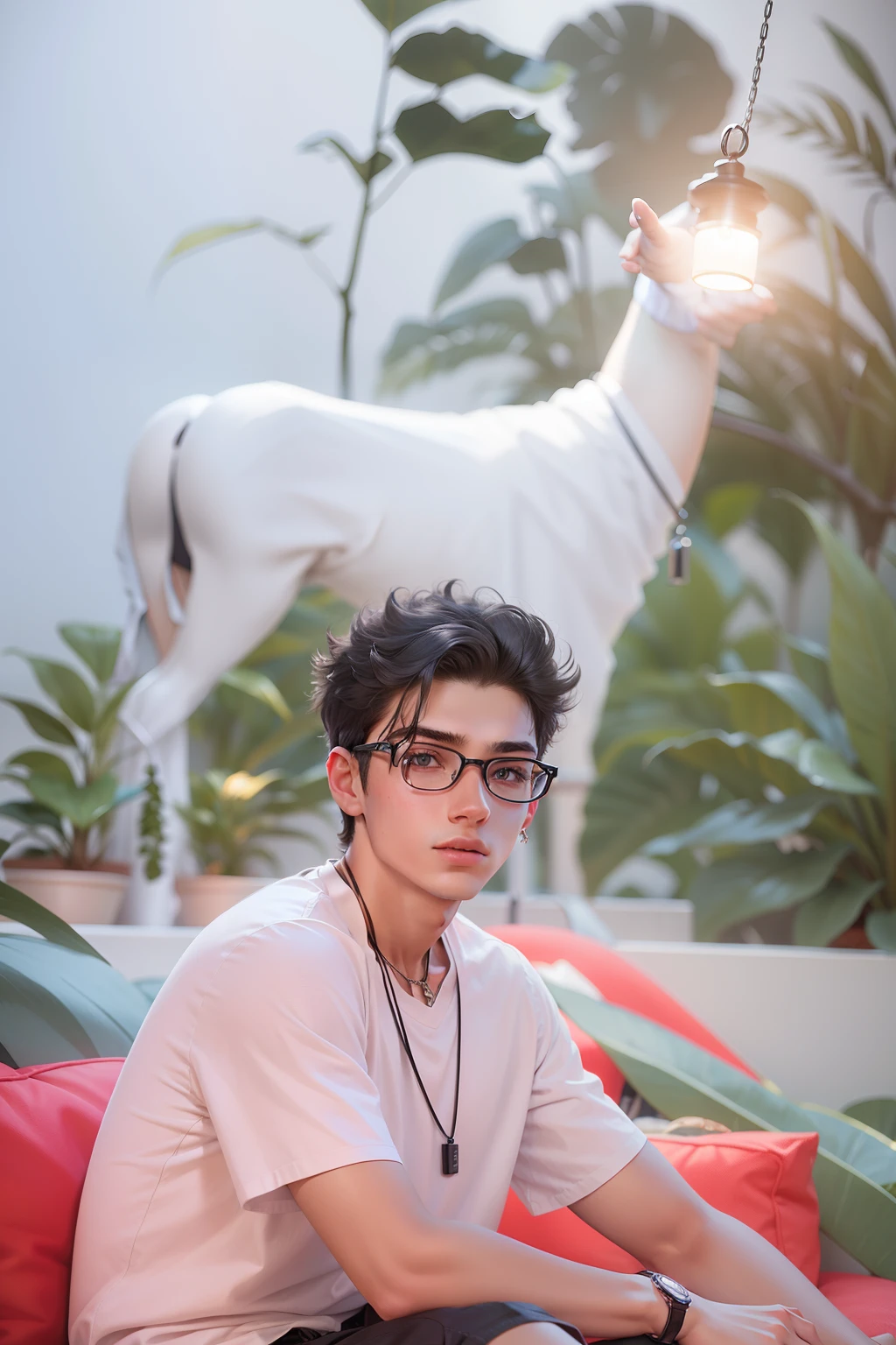 Intelligent 19-year-old boy with a silky hair, with a gray necklace in his neck, wearing black checks shirt.