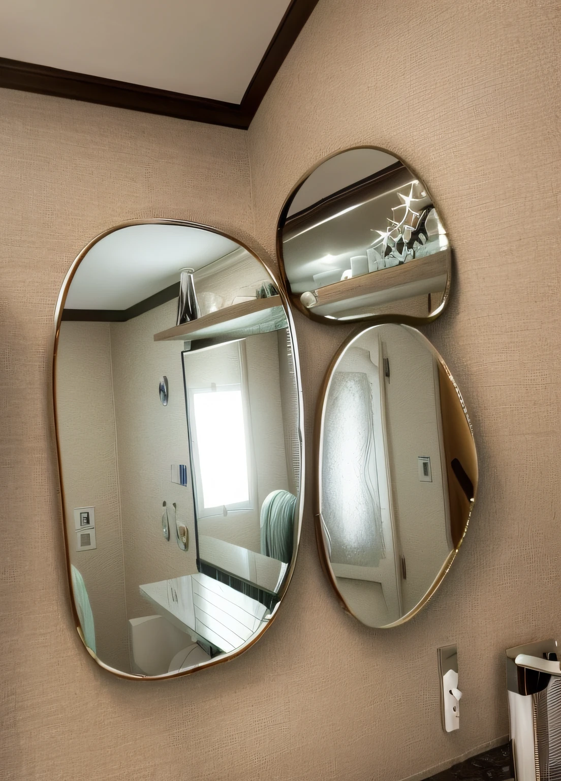 There are three mirrors on the wall of the room, Espelhos abstratos, espelhamento, espelhos em todos os lugares, Espelhos, mirror and glass surfaces, reflexo do espelho, reflexos de alta qualidade, reflexos do espelho, espelho redondo na parede, Espelhado, fundo espelhado, espelhos de realidade alternativa, 3 sisters look into the mirror, selfie espelho, Tons de espelho, com um espelho, doctors mirror