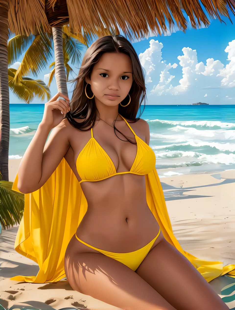 A woman in a yellow bikini sitting on a beach, in yellow bikini, in a yellow bikini, mulher amarela bonita, gorgeous bikini model, bikini model, swimsuit model, com panos amarelos, mulher mexicana bronzeada bonita, modelo bonito, menina sexy com tez escura, posando na praia, posando em uma praia com o oceano, Garota sexy, young swimsuit model