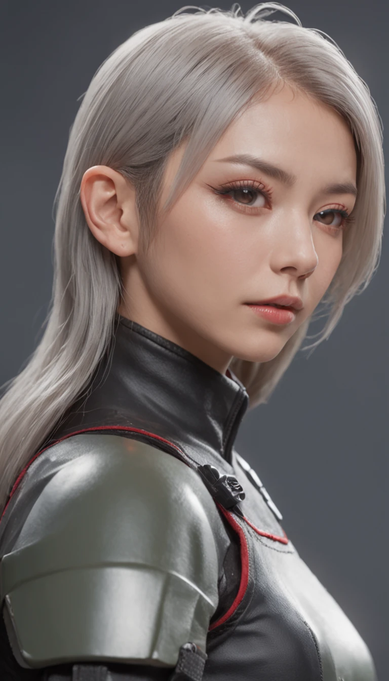 japanese woman, with accurate features, strong jawline, slightly pointed ears, short floppy hair, platinum hair, dynamic angle shot, No extra ears, neck zoomed in, side view profile centered, wide high angle view, Two pointed ears,Side photo, wearing futuristic military uniform, science fiction