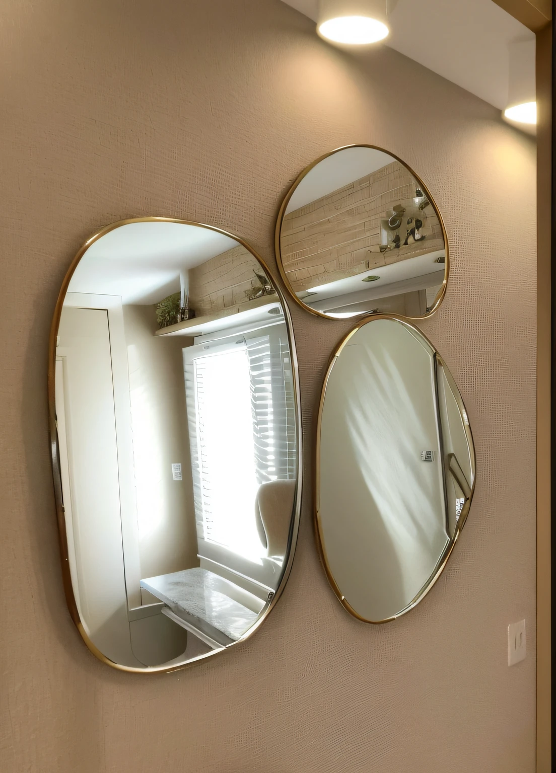 There are three mirrors on the wall of the room, espelhos abstratos, espelhamento, espelhos em todos os lugares, espelhos, mirror and glass surfaces, reflexo do espelho, reflexos de alta qualidade, reflexos do espelho, espelho redondo na parede, espelhado, fundo espelhado, espelhos de realidade alternativa, 3 sisters look into the mirror, Selfie espelho, Tons de espelho, com um espelho, doctors mirror
