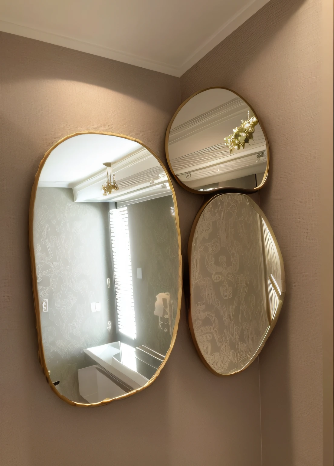 There are three mirrors on the wall of the room, espelhos abstratos, espelhamento, espelhos em todos os lugares, espelhos, mirror and glass surfaces, reflexo do espelho, reflexos de alta qualidade, reflexos do espelho, espelho redondo na parede, espelhado, fundo espelhado, espelhos de realidade alternativa, 3 sisters look into the mirror, Selfie espelho, Tons de espelho, com um espelho, doctors mirror