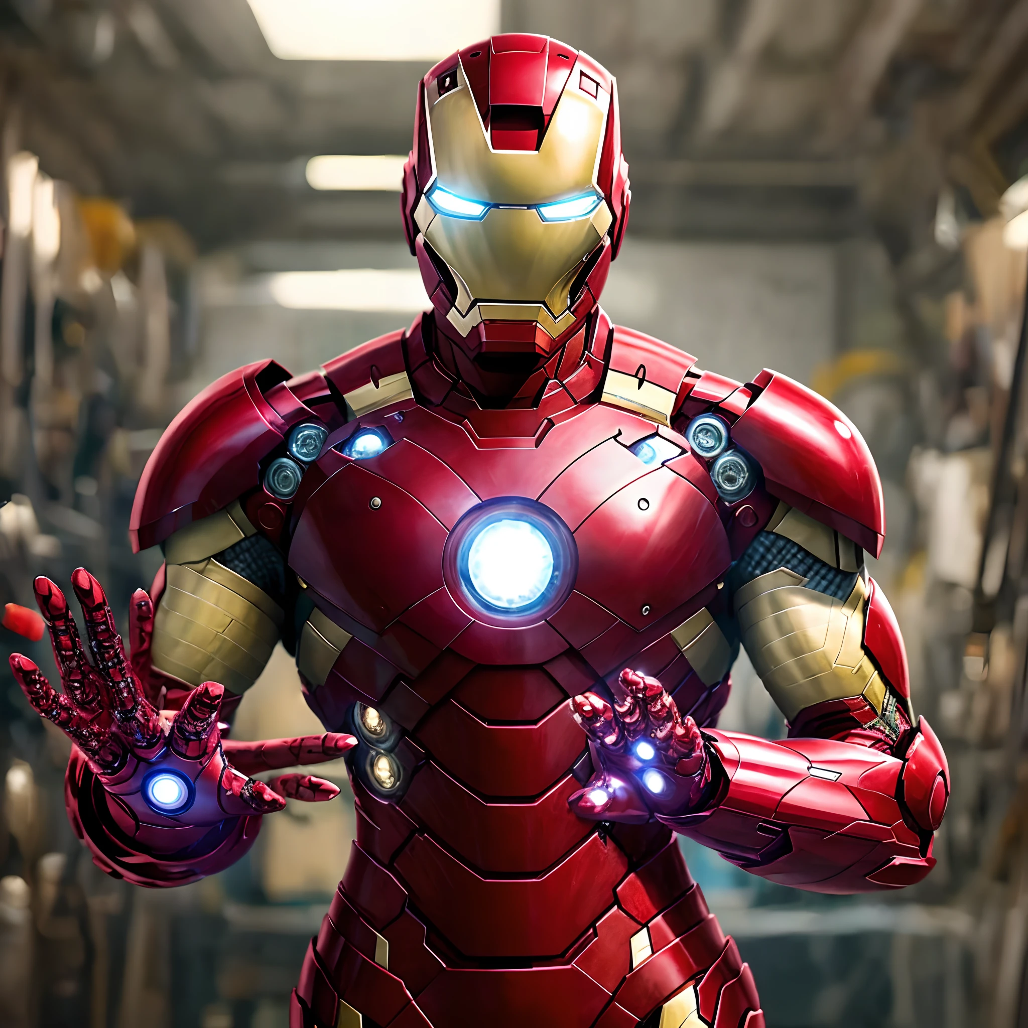 A true-to-life portrayal of Iron Man, the iconic armored superhero, captured in a moment of genuine happiness. The suit, meticulously rendered in all its technological glory, gleams with a polished metallic finish that reflects the ambient light. Tony Stark's faceplate reveals a subtle yet unmistakable smile, portraying a rare instance of relaxation and contentment. The intricate details of the suit's design, from the mechanical joints to the HUD display, are faithfully depicted, showcasing the remarkable craftsmanship. The surroundings reflect the high-tech world of Iron Man, with elements of his workshop visible in the background. The image captures the essence of Tony Stark's charismatic personality and the blend of genius and humanity that define the character. --auto --s2